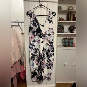 Purple/black/white floral wedding guest dress